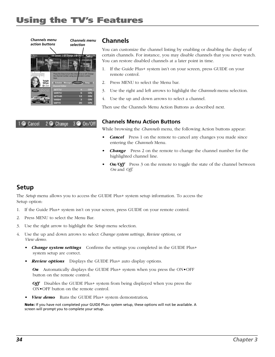 Using the tv’s features, Channels, Setup | RCA F25423 User Manual | Page 36 / 64