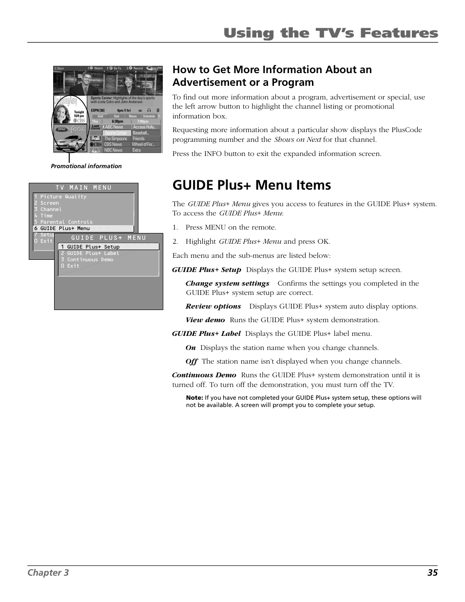 Using the tv’s features, Guide plus+ menu items | RCA F25423 User Manual | Page 37 / 64