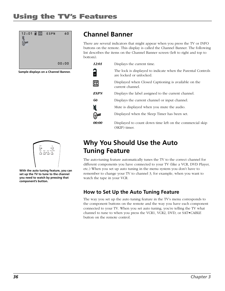 Using the tv’s features, Channel banner, Why you should use the auto tuning feature | How to set up the auto tuning feature, 36 chapter 3 | RCA F25423 User Manual | Page 38 / 64