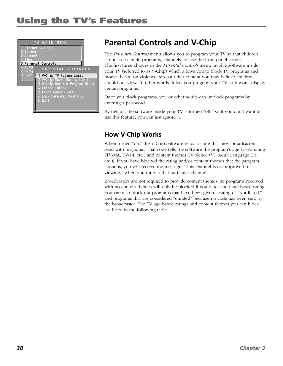 Using the tv’s features, Parental controls and v-chip, How v-chip works | RCA F25423 User Manual | Page 40 / 64