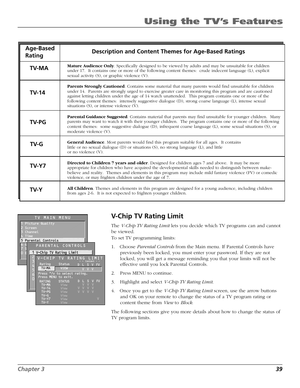 Using the tv’s features, V-chip tv rating limit, Chapter 3 39 | RCA F25423 User Manual | Page 41 / 64