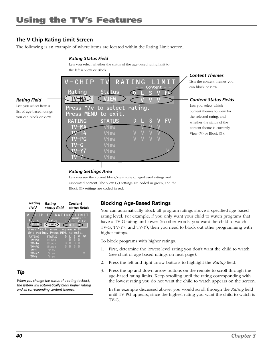 Using the tv’s features, V-chip tv rating limit, Rating status tv-ma view | Tv-14, Tv-pg, Tv-g, Tv-y7, Tv-y, View | RCA F25423 User Manual | Page 42 / 64