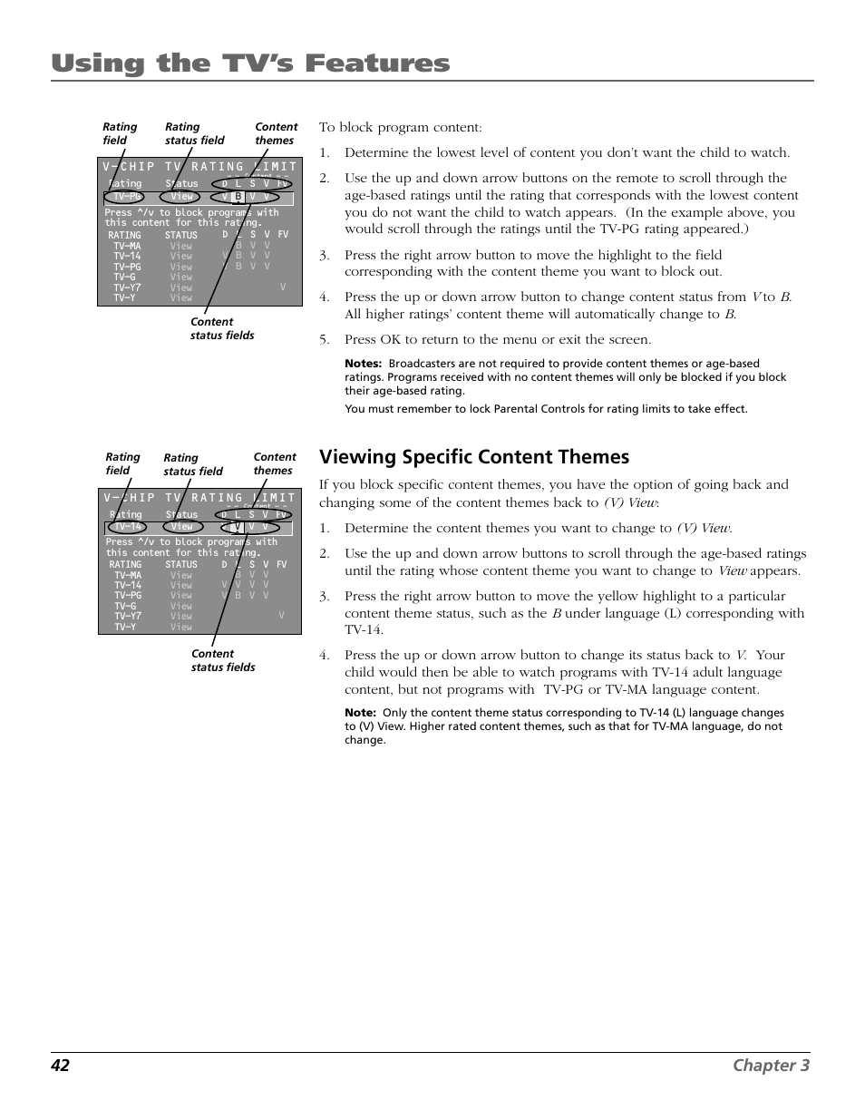 Using the tv’s features, Viewing specific content themes, 42 chapter 3 | RCA F25423 User Manual | Page 44 / 64