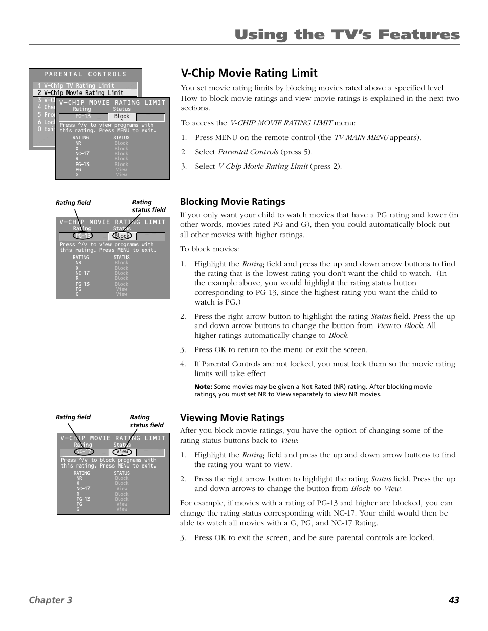 Using the tv’s features, V-chip movie rating limit, Chapter 3 43 | Blocking movie ratings, Viewing movie ratings | RCA F25423 User Manual | Page 45 / 64