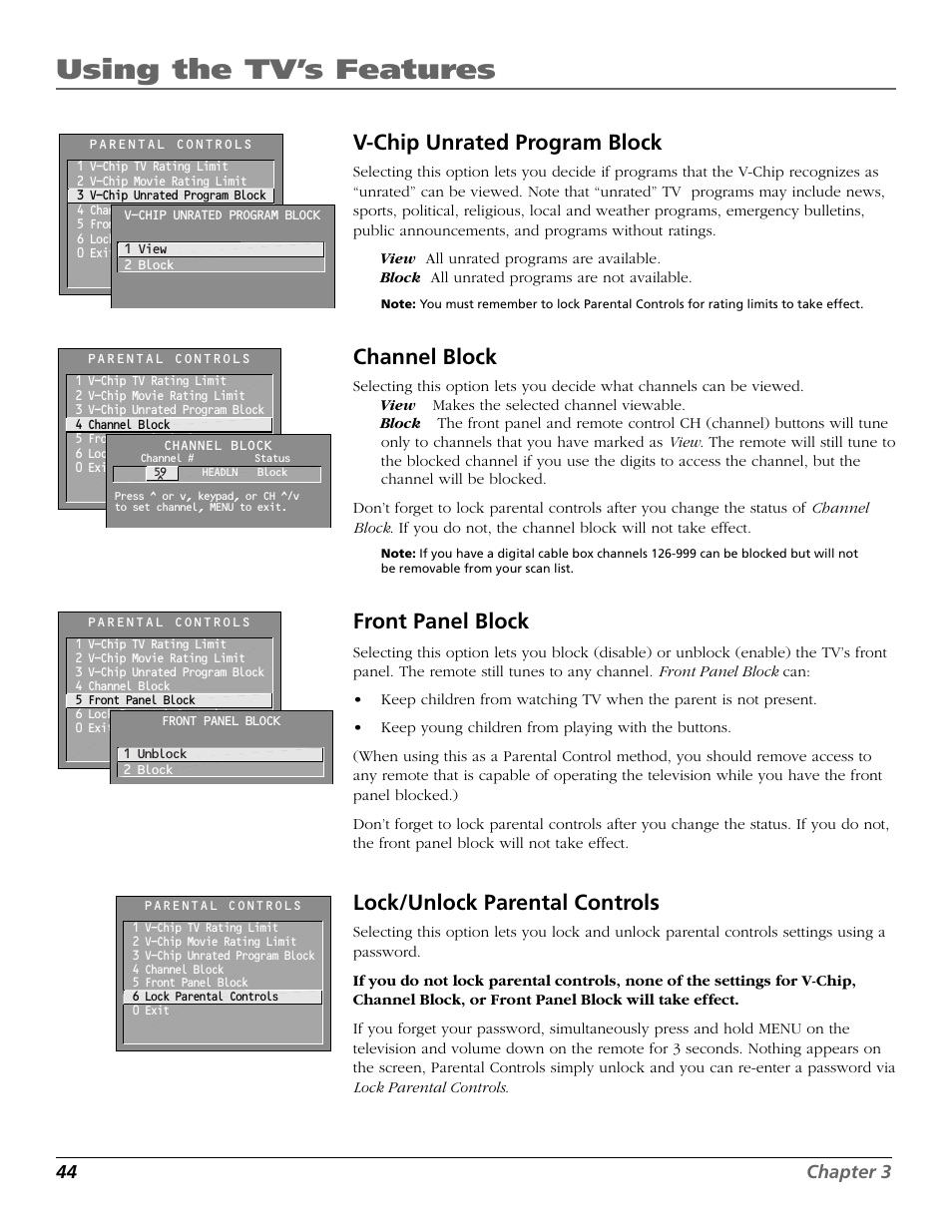 Using the tv’s features, V-chip unrated program block, Channel block | Front panel block, Lock/unlock parental controls, 44 chapter 3 | RCA F25423 User Manual | Page 46 / 64