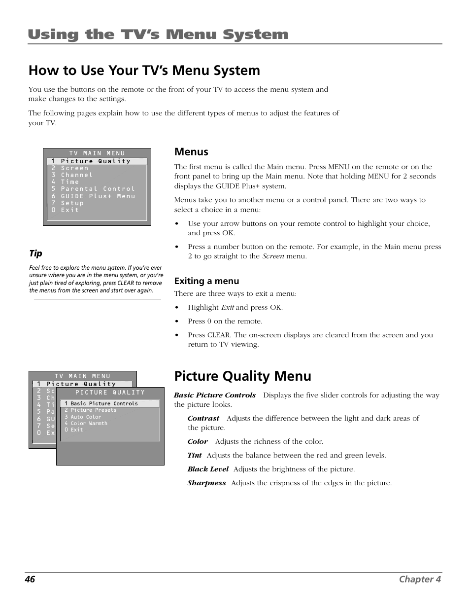 Using the tv’s menu system, How to use your tv’s menu system, Picture quality menu | Menus | RCA F25423 User Manual | Page 48 / 64