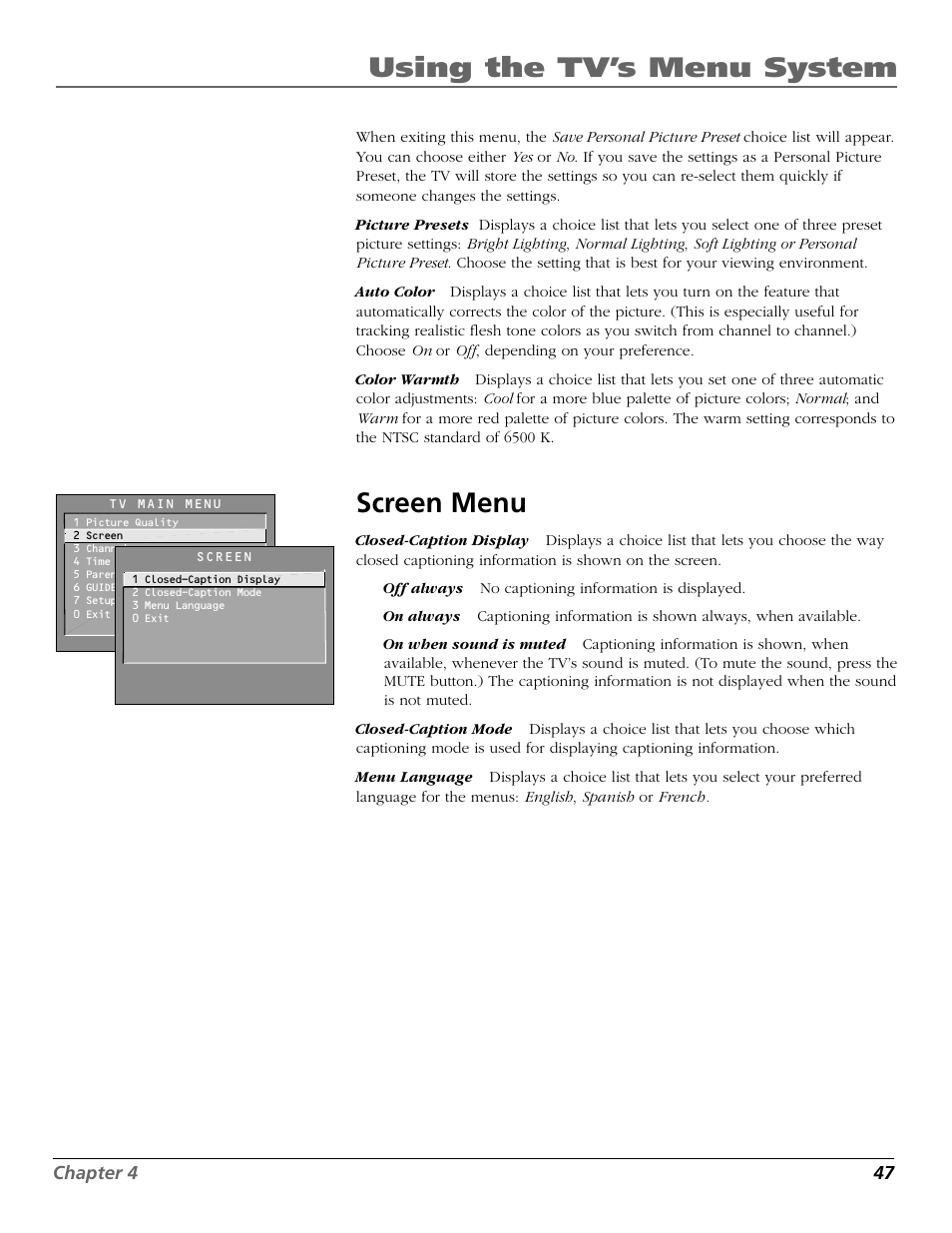 Using the tv’s menu system, Screen menu | RCA F25423 User Manual | Page 49 / 64