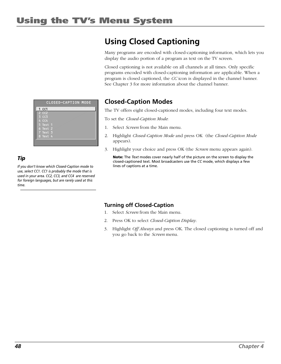 Using the tv’s menu system using closed captioning, Closed-caption modes | RCA F25423 User Manual | Page 50 / 64