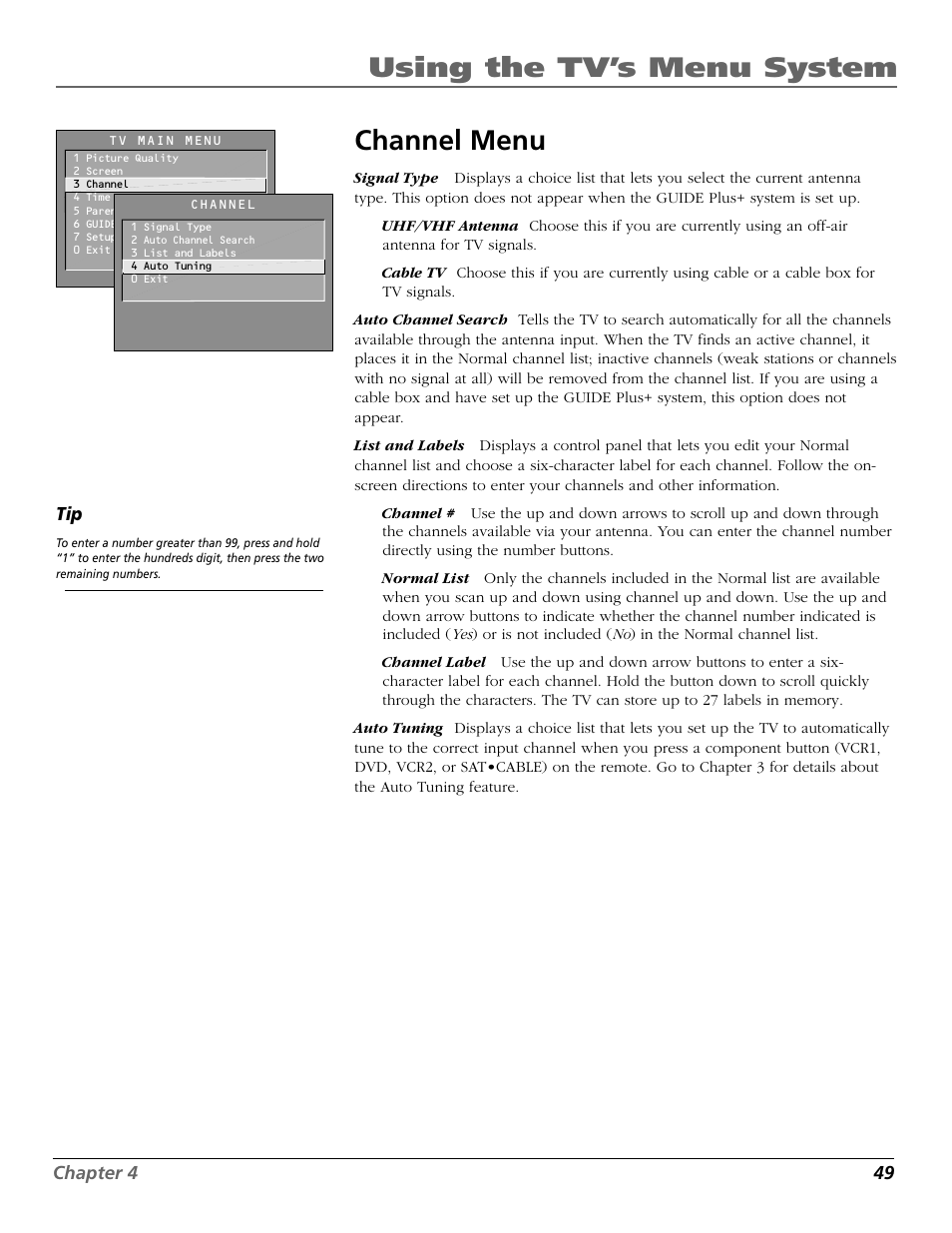 Using the tv’s menu system channel menu | RCA F25423 User Manual | Page 51 / 64