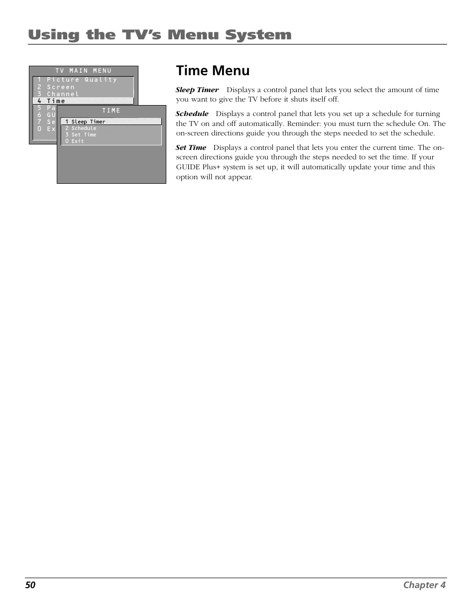 Using the tv’s menu system time menu | RCA F25423 User Manual | Page 52 / 64