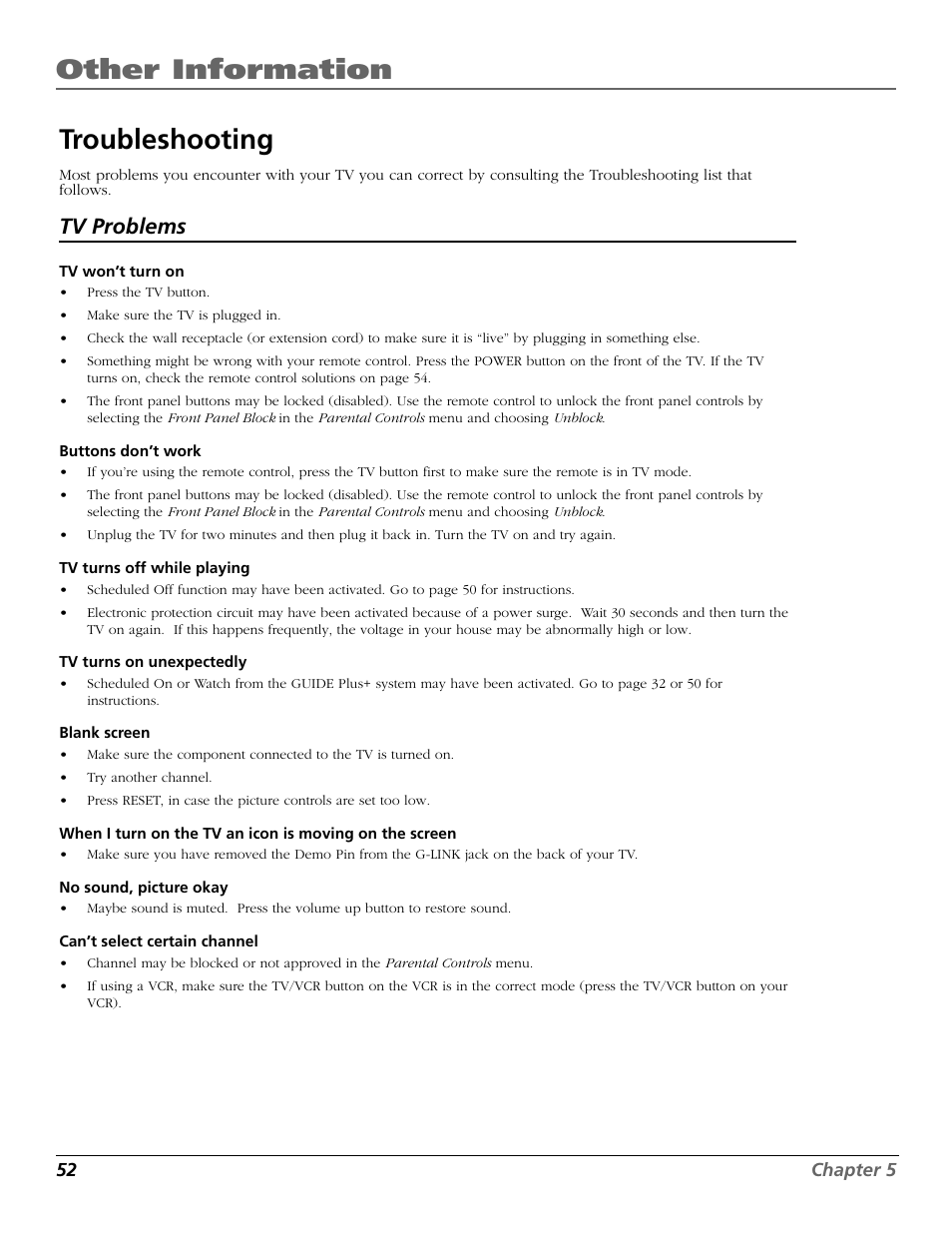 Other information, Troubleshooting, Tv problems | RCA F25423 User Manual | Page 54 / 64