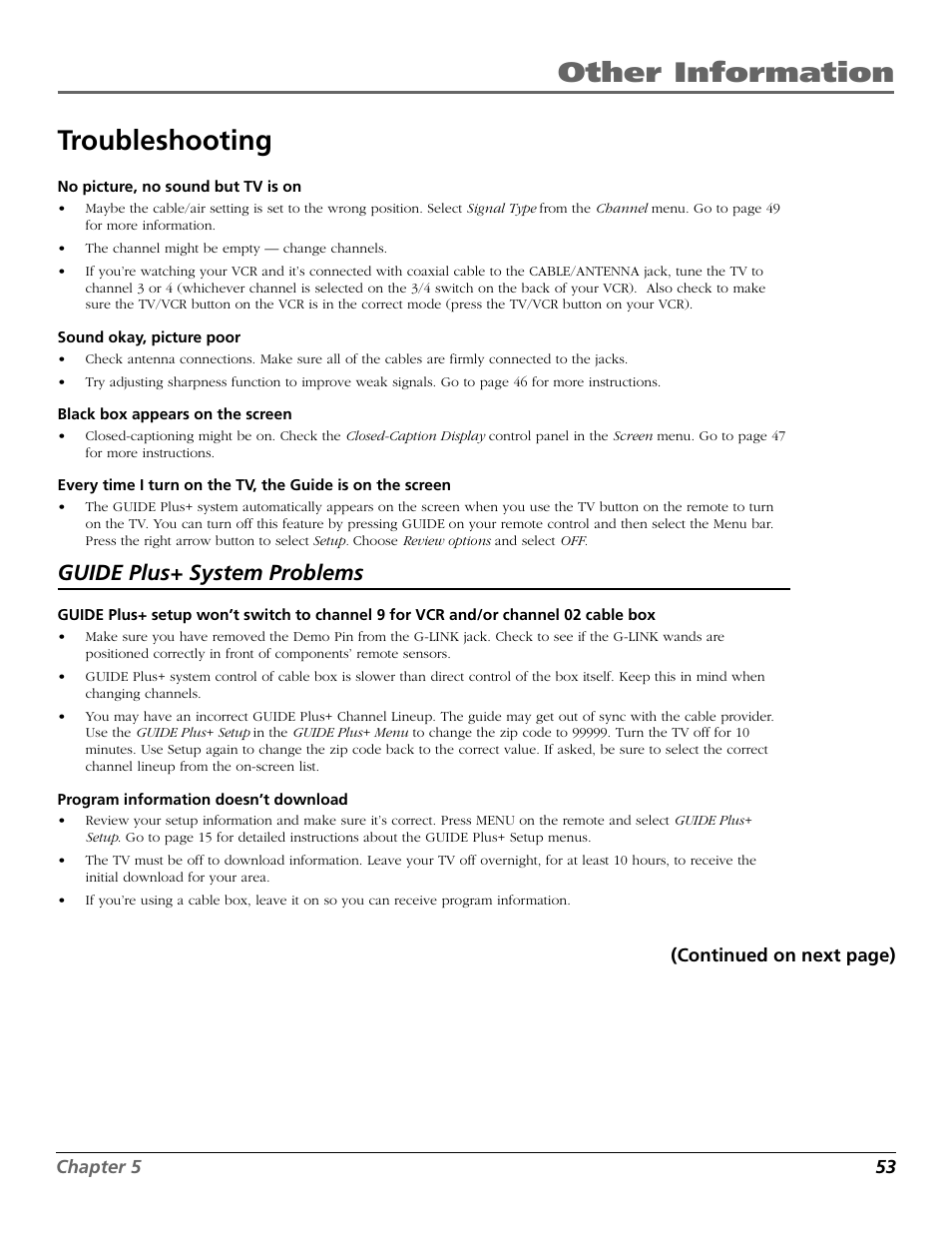 Other information troubleshooting, Guide plus+ system problems | RCA F25423 User Manual | Page 55 / 64