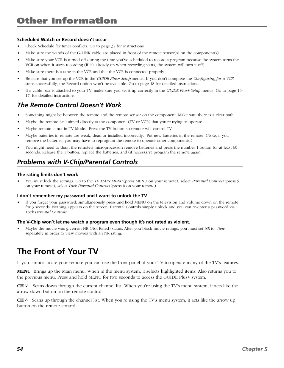 Other information, The front of your tv, The remote control doesn’t work | Problems with v-chip/parental controls | RCA F25423 User Manual | Page 56 / 64