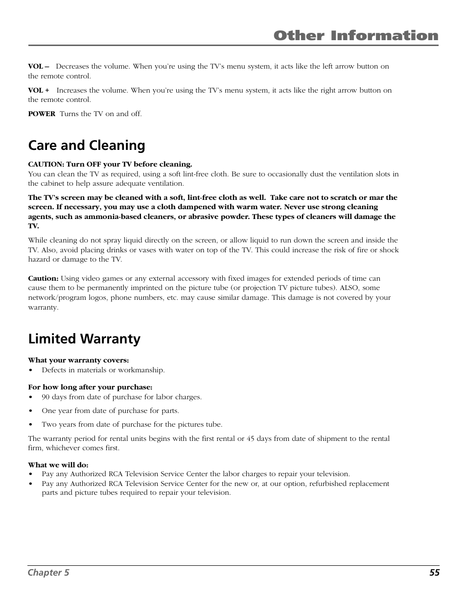 Other information, Care and cleaning, Limited warranty | RCA F25423 User Manual | Page 57 / 64