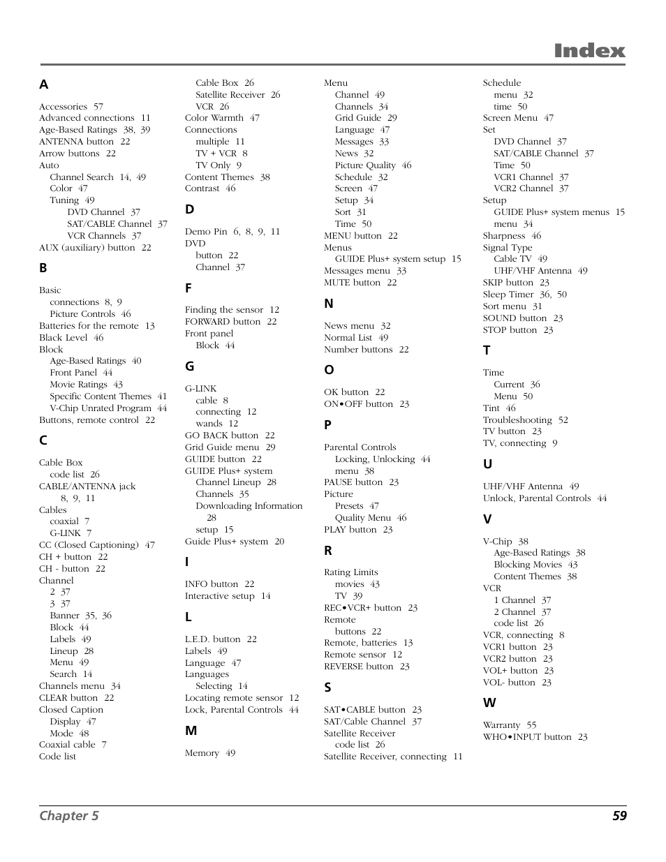 Index | RCA F25423 User Manual | Page 61 / 64