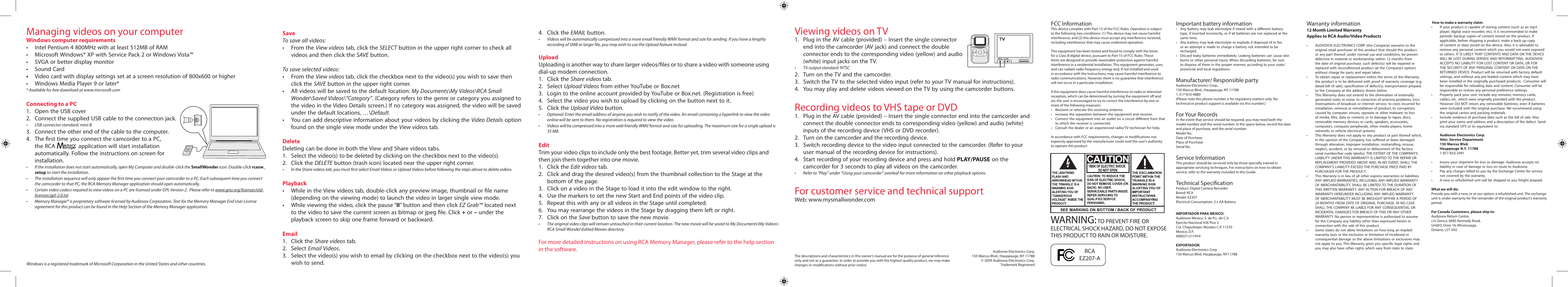 Managing videos on your computer, Viewing videos on tv, Recording videos to vhs tape or dvd | For customer service and technical support, Warning | RCA EZ207 User Manual | Page 2 / 2