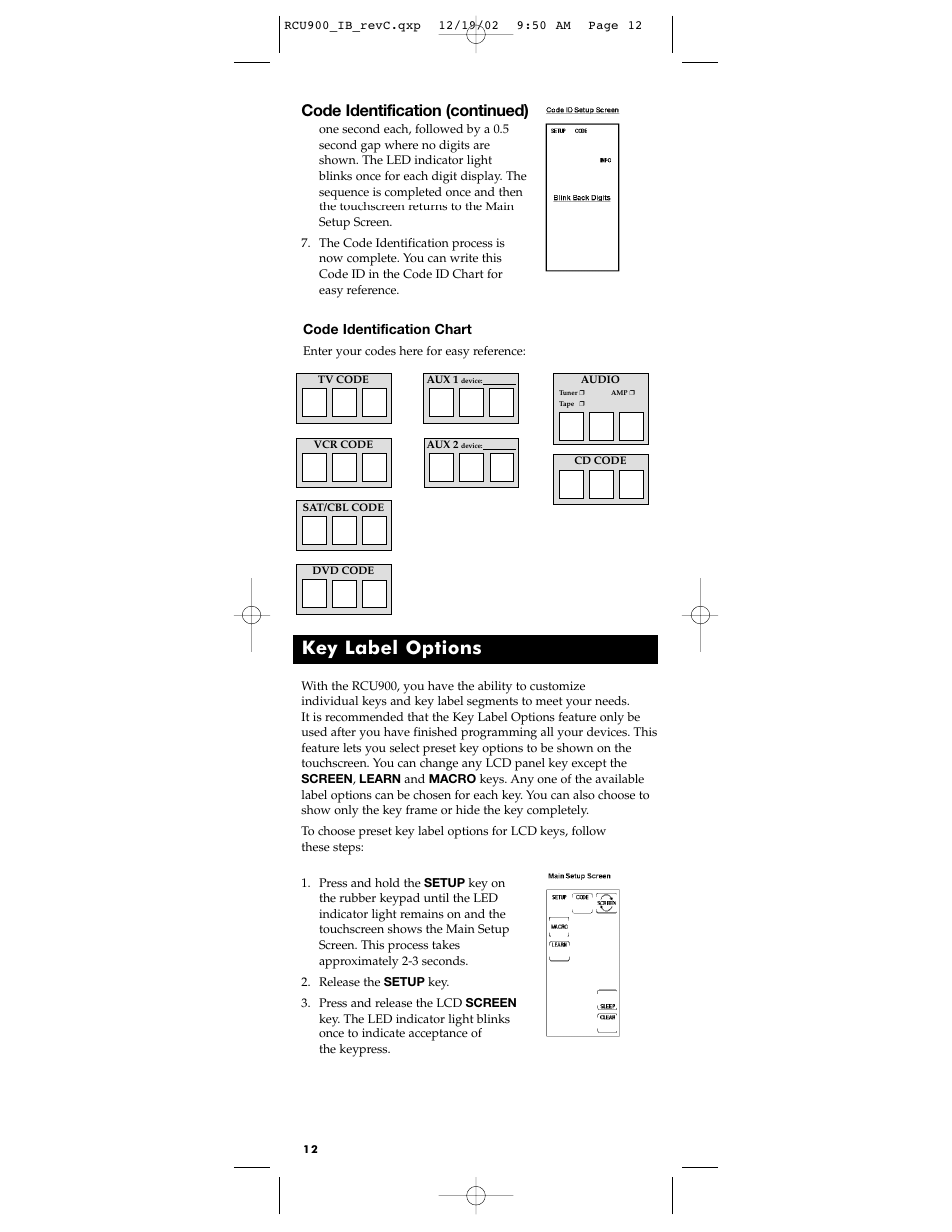 Key label options, Code identification (continued) | RCA RCU900 User Manual | Page 12 / 36