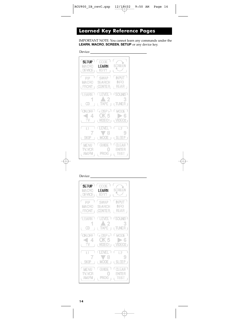 Learned key reference pages | RCA RCU900 User Manual | Page 14 / 36