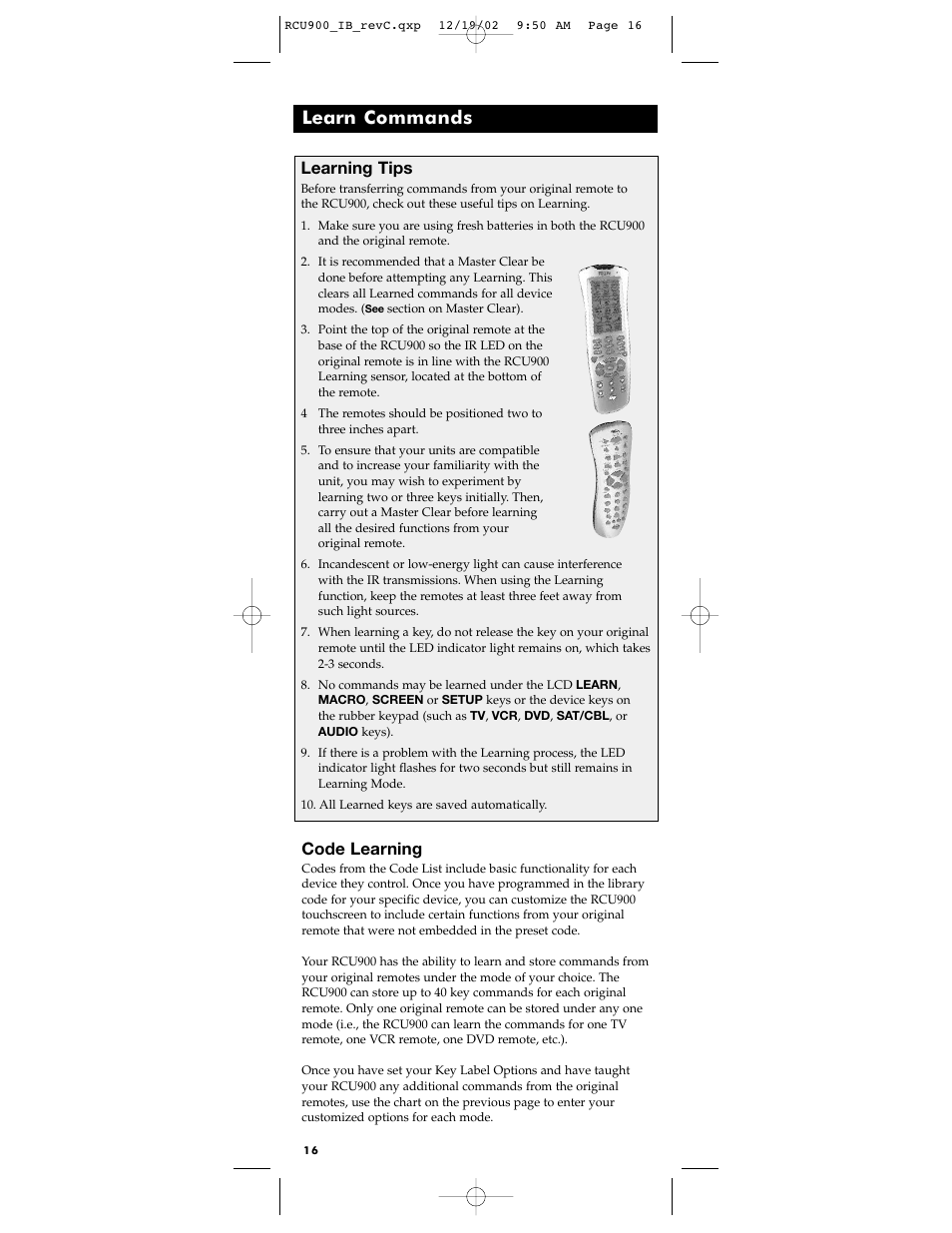 Learn commands, Code learning, Learning tips | RCA RCU900 User Manual | Page 16 / 36