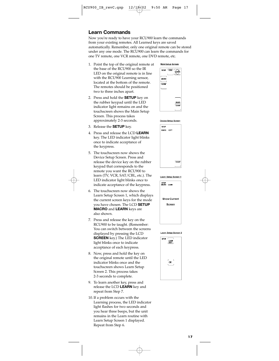 Learn commands | RCA RCU900 User Manual | Page 17 / 36