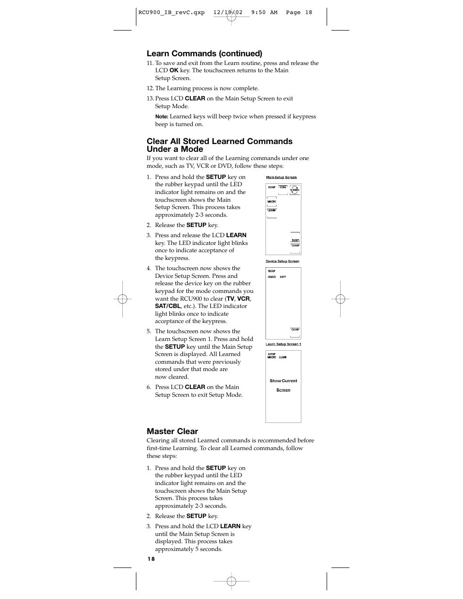 Learn commands (continued), Clear all stored learned commands under a mode, Master clear | RCA RCU900 User Manual | Page 18 / 36