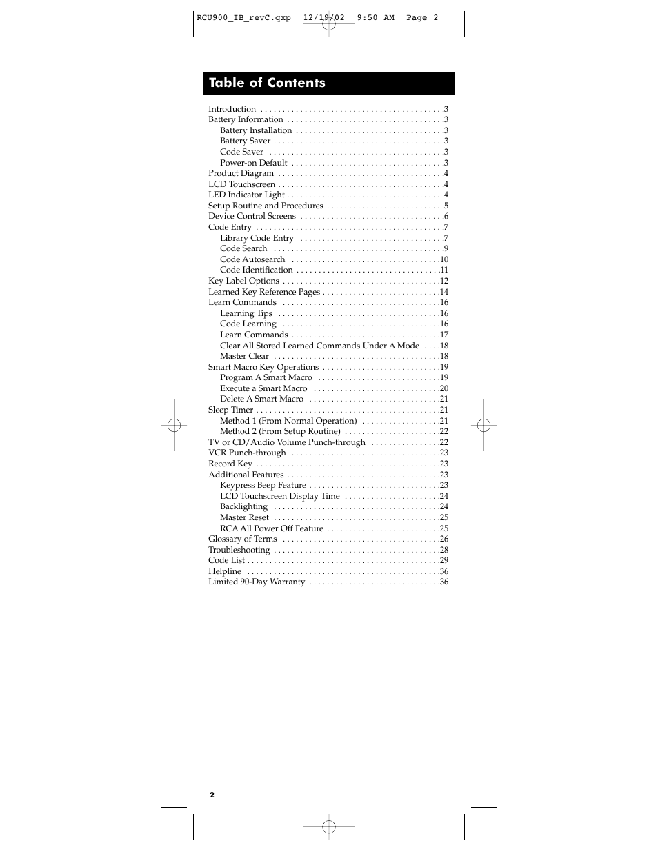 RCA RCU900 User Manual | Page 2 / 36