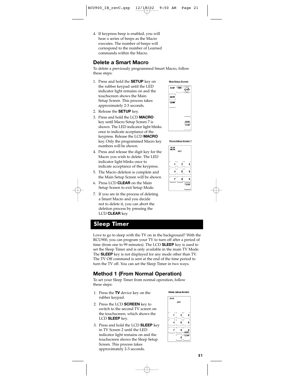 Sleep timer, Delete a smart macro, Method 1 (from normal operation) | RCA RCU900 User Manual | Page 21 / 36