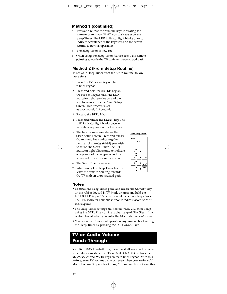 Tv or audio volume punch-through, Method 1 (continued), Method 2 (from setup routine) | RCA RCU900 User Manual | Page 22 / 36