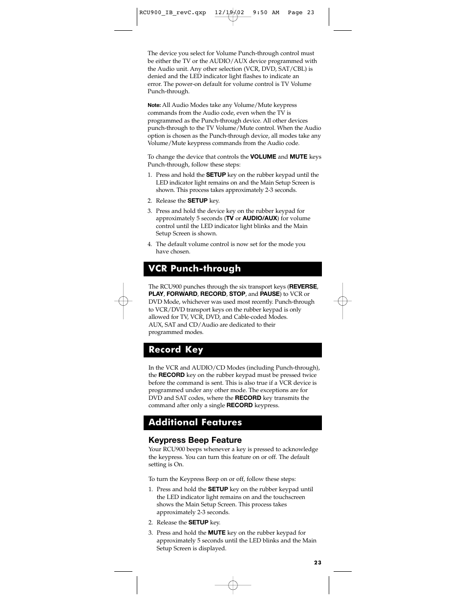 Vcr punch-through, Record key, Additional features | Keypress beep feature | RCA RCU900 User Manual | Page 23 / 36