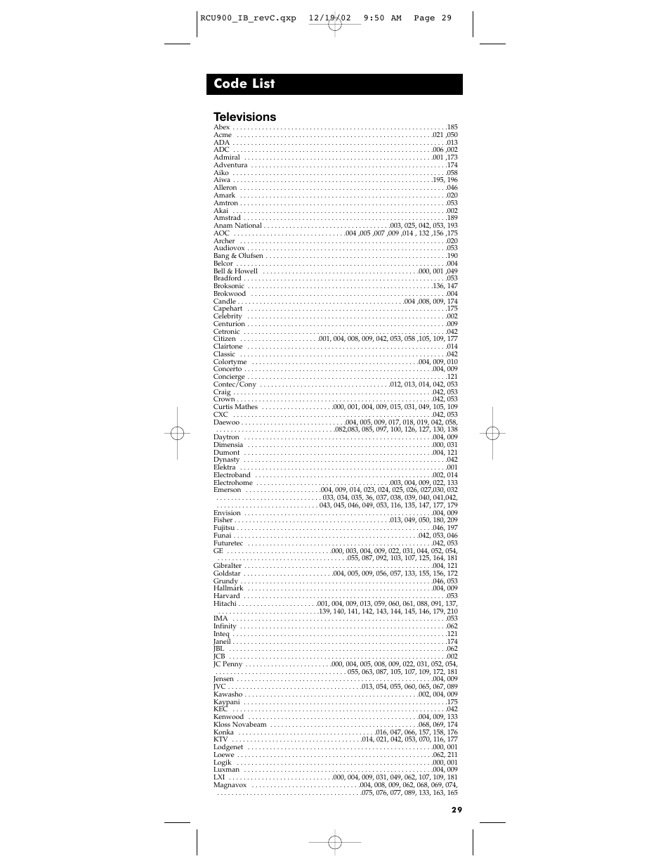 Code list, Televisions | RCA RCU900 User Manual | Page 29 / 36