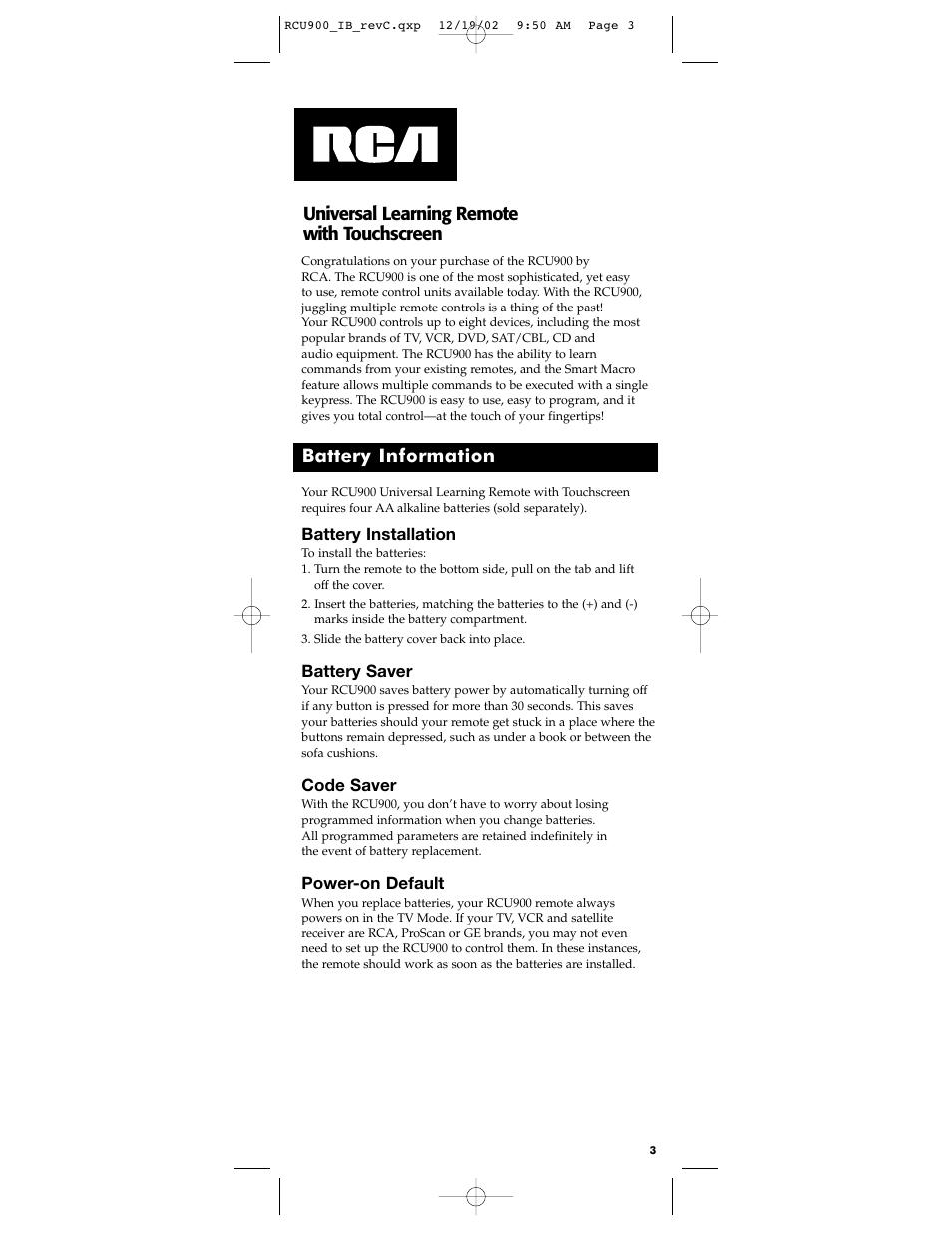 Universal learning remote with touchscreen, Battery information | RCA RCU900 User Manual | Page 3 / 36