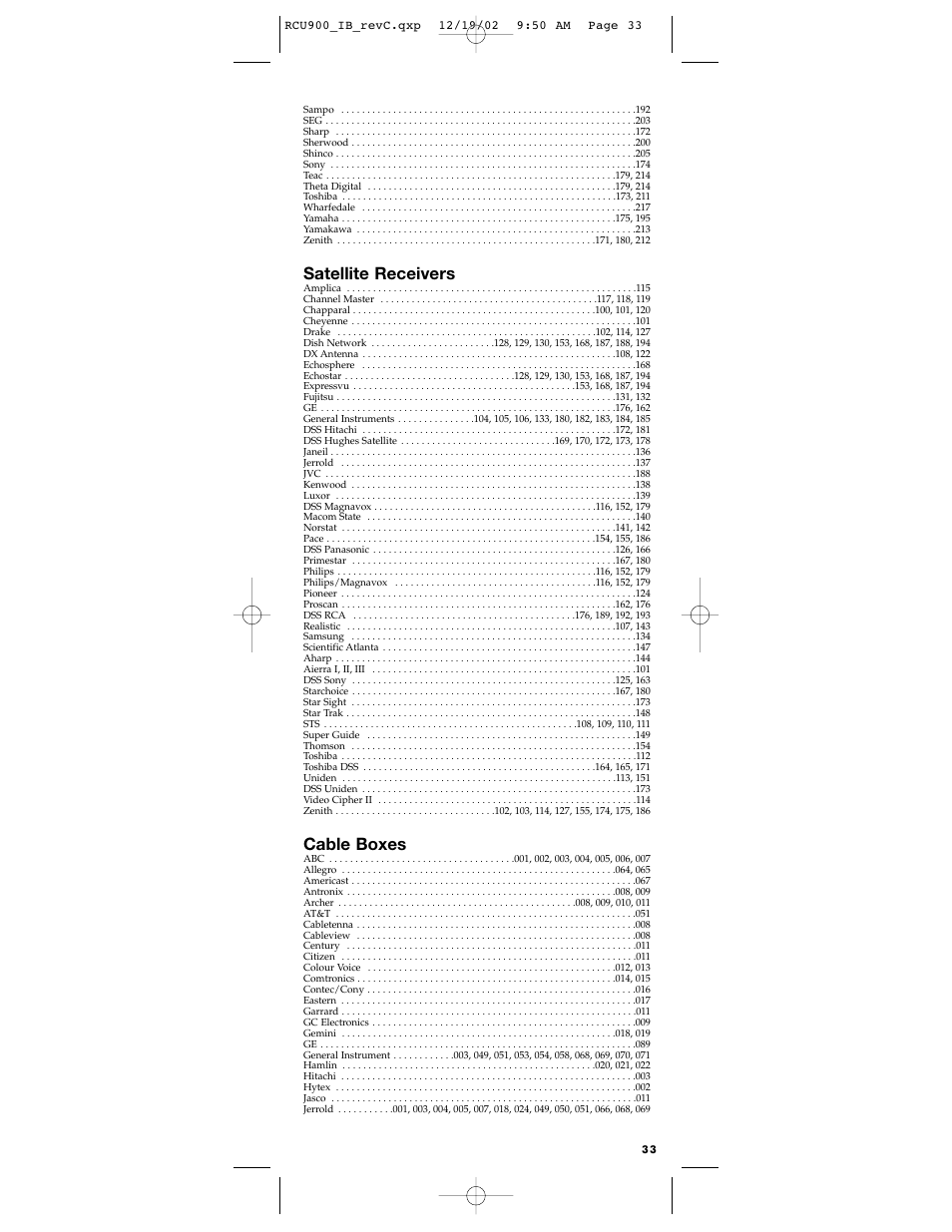 Satellite receivers, Cable boxes | RCA RCU900 User Manual | Page 33 / 36