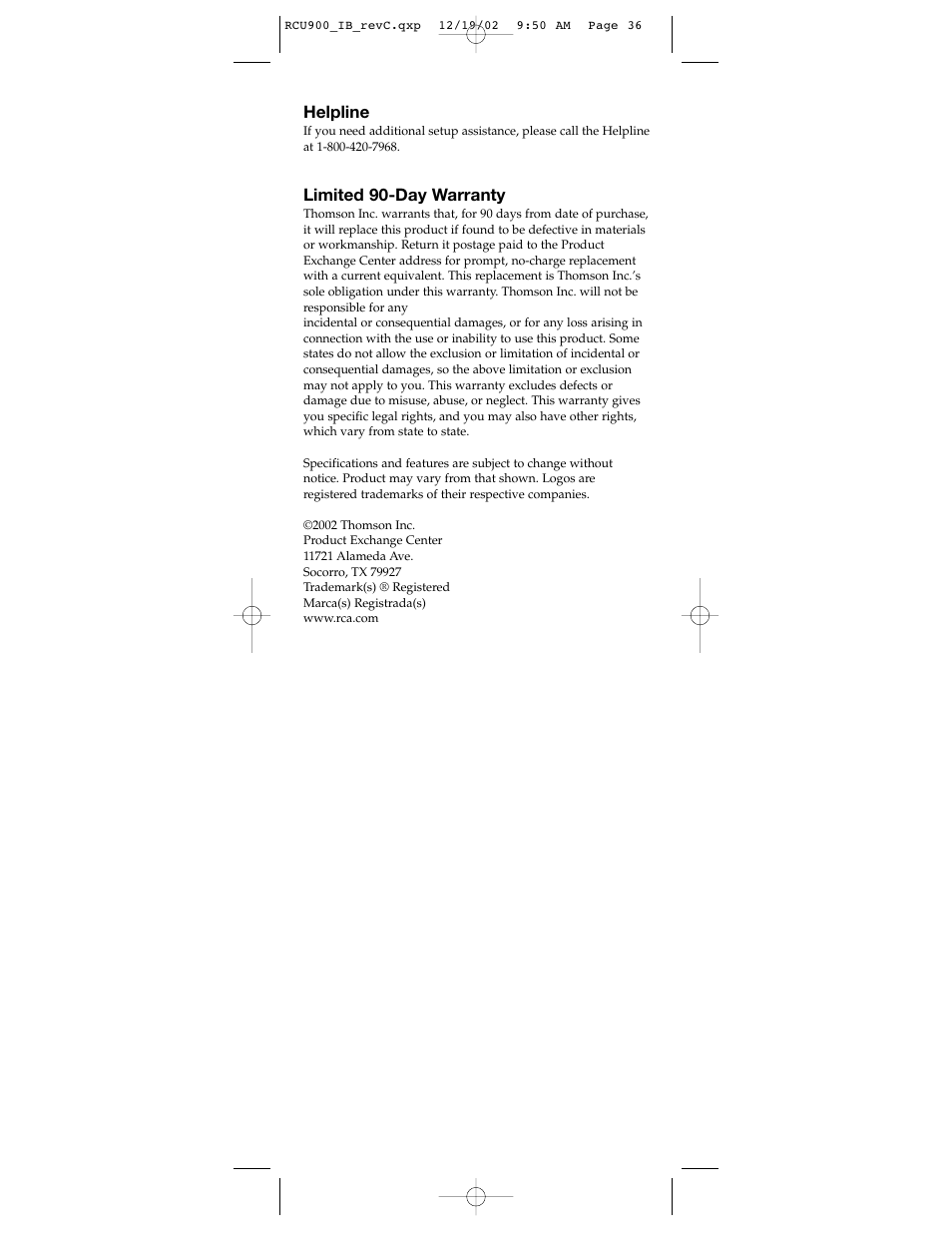 Helpline, Limited 90-day warranty | RCA RCU900 User Manual | Page 36 / 36
