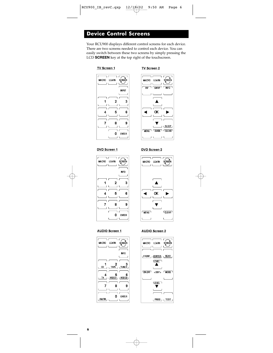 Device control screens | RCA RCU900 User Manual | Page 6 / 36