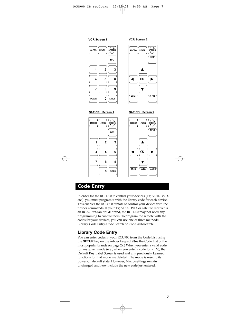 Code entry, Library code entry | RCA RCU900 User Manual | Page 7 / 36