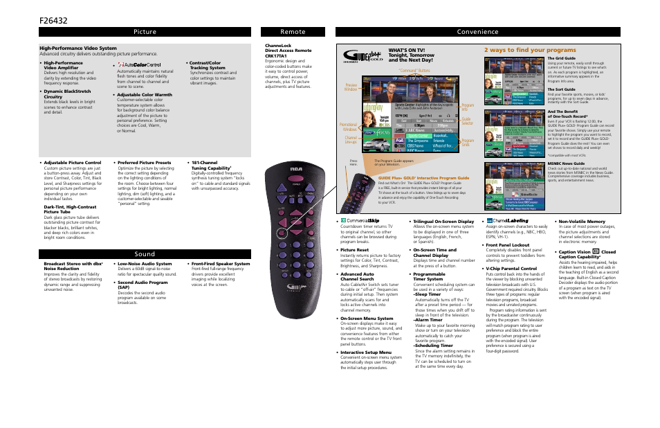 Picture remote sound, Convenience, 2 ways to find your programs | RCA F26432 User Manual | Page 2 / 2