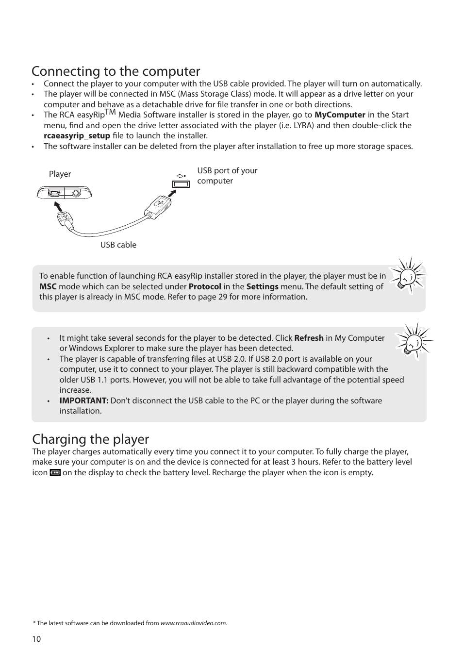 Connecting to the computer, Charging the player | RCA M4604 User Manual | Page 11 / 36