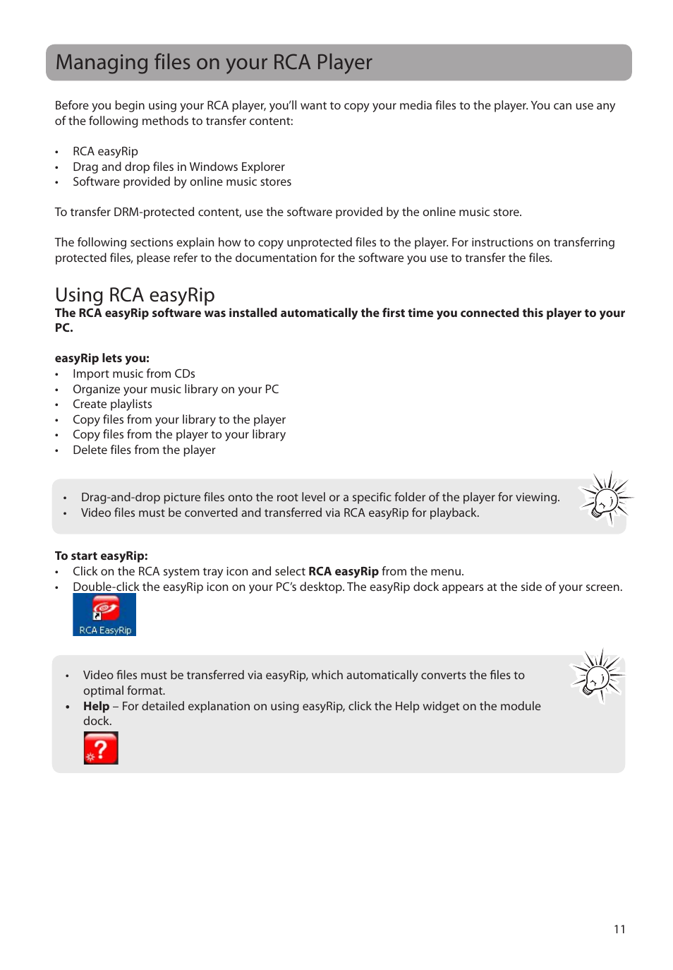 Managing files on your rca player, Using rca easyrip | RCA M4604 User Manual | Page 12 / 36