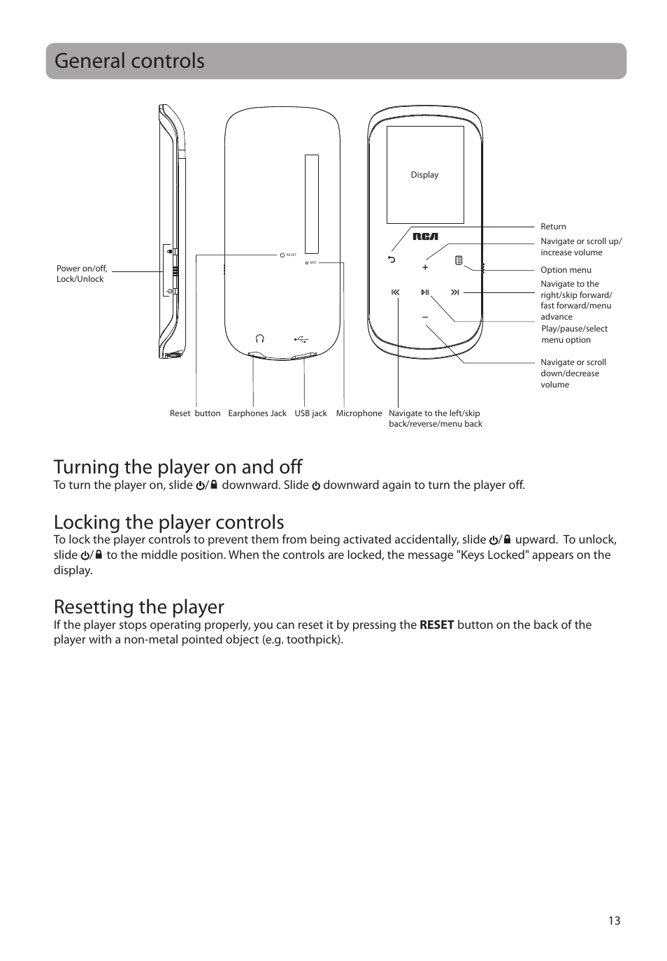 General controls, Turning the player on and off, Locking the player controls | Resetting the player | RCA M4604 User Manual | Page 14 / 36