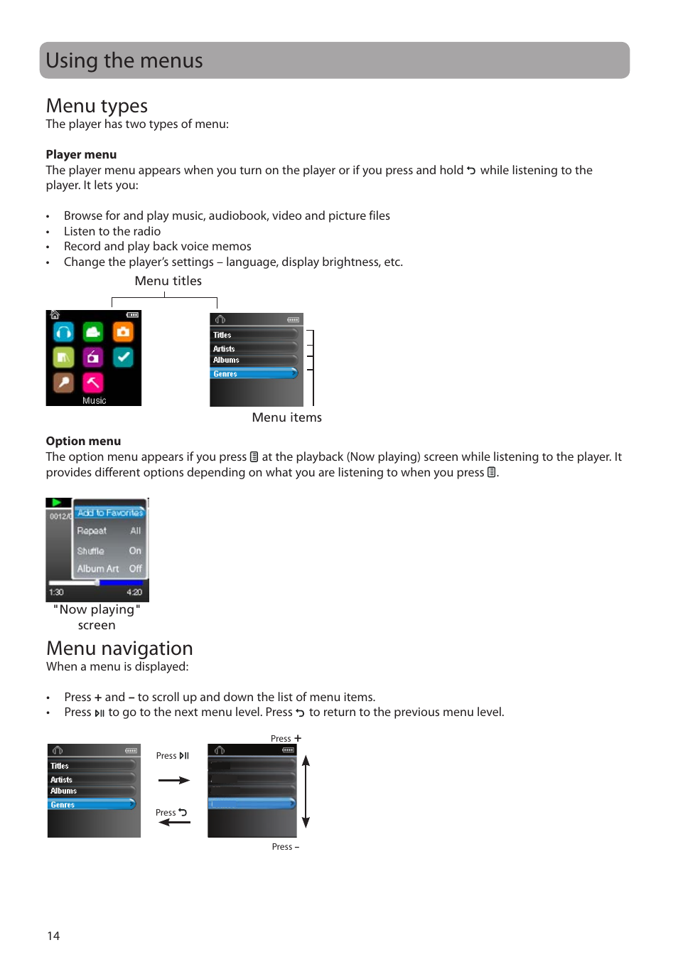 Using the menus, Menu types, Menu navigation | RCA M4604 User Manual | Page 15 / 36