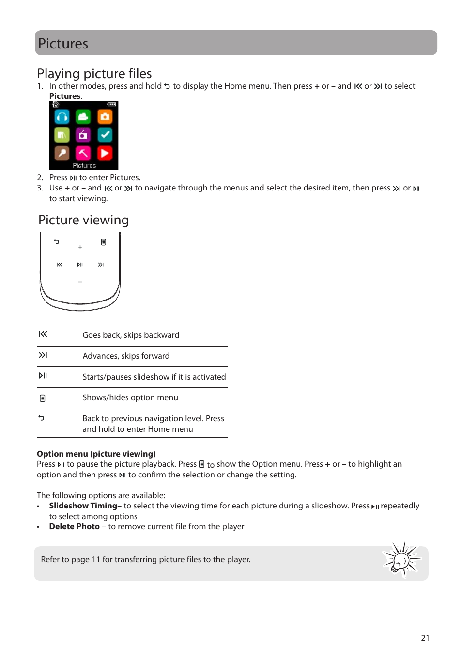 Pictures, Playing picture files, Picture viewing | RCA M4604 User Manual | Page 22 / 36