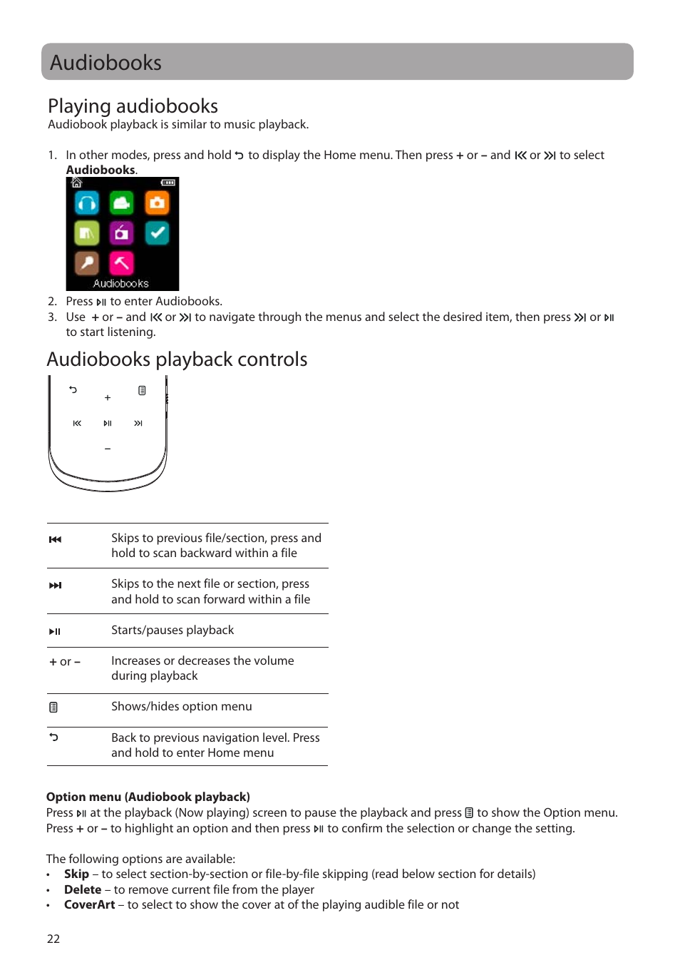 Audiobooks, Playing audiobooks, Audiobooks playback controls | Audiobooks playback controls playing audiobooks | RCA M4604 User Manual | Page 23 / 36