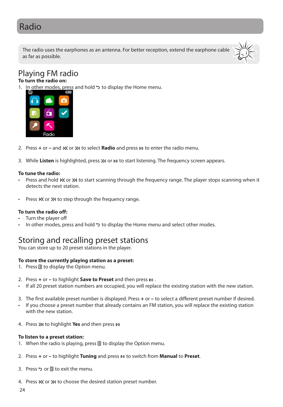 Radio, Playing fm radio, Storing and recalling preset stations | RCA M4604 User Manual | Page 25 / 36