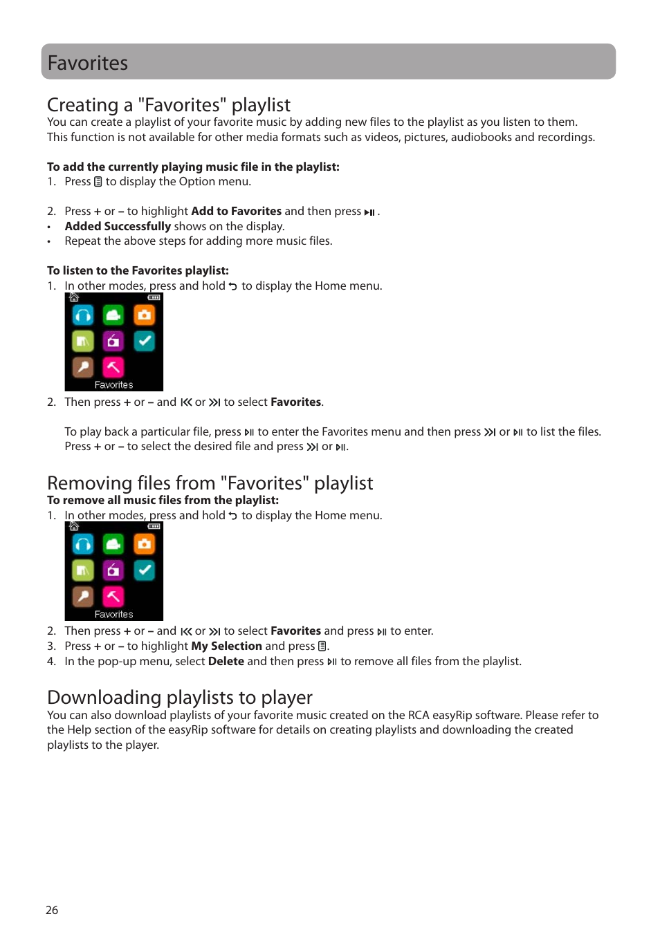 Favorites, Creating a "favorites" playlist, Removing files from "favorites" playlist | Downloading playlists to player | RCA M4604 User Manual | Page 27 / 36