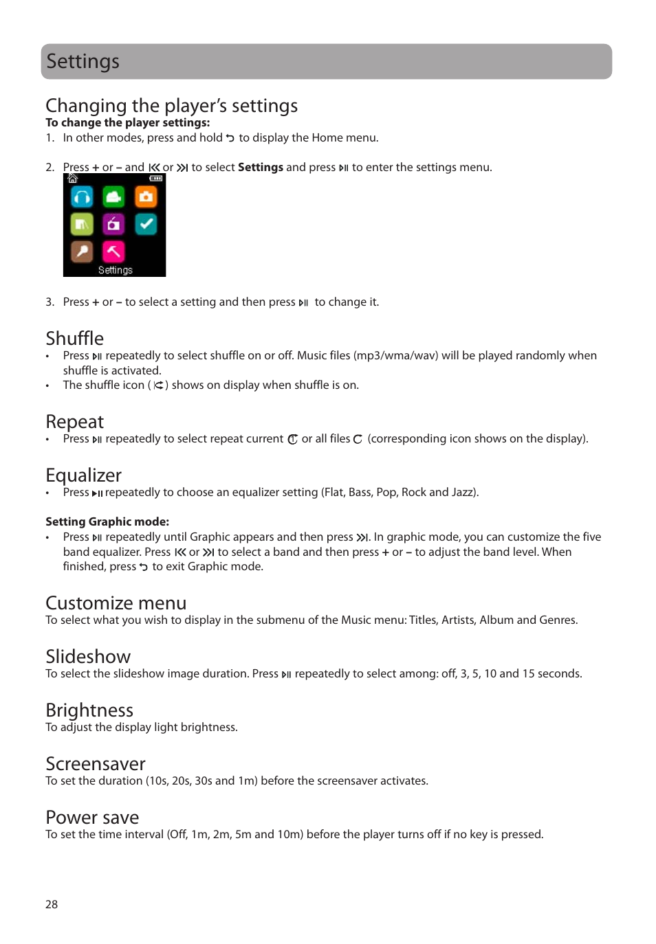 Settings, Changing the player’s settings, Shuffle | Repeat, Equalizer, Customize menu, Slideshow, Brightness, Screensaver, Power save | RCA M4604 User Manual | Page 29 / 36