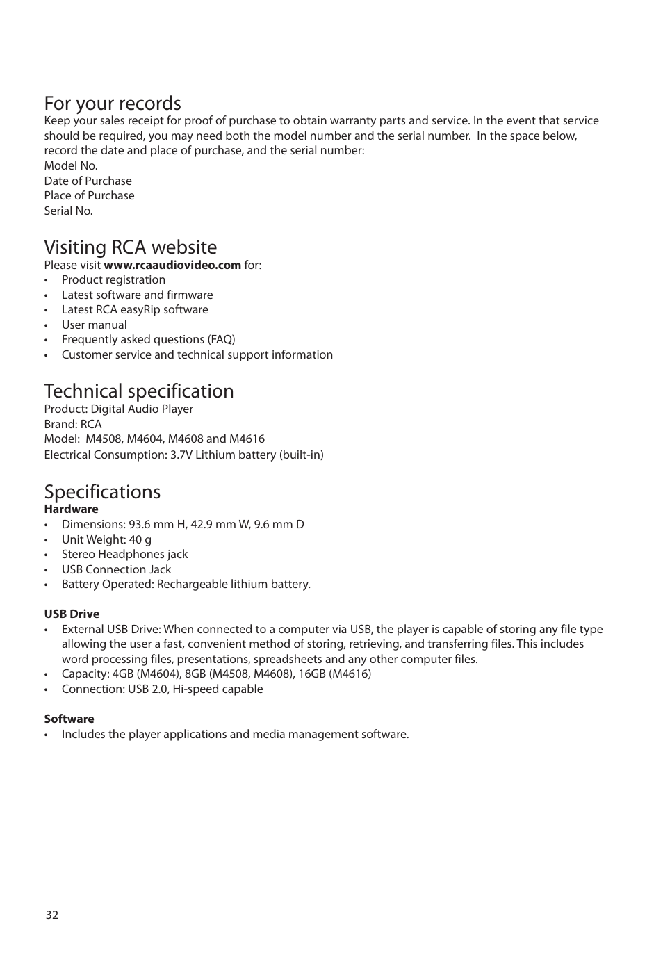 For your records, Visiting rca website, Technical specification | Specifications | RCA M4604 User Manual | Page 33 / 36