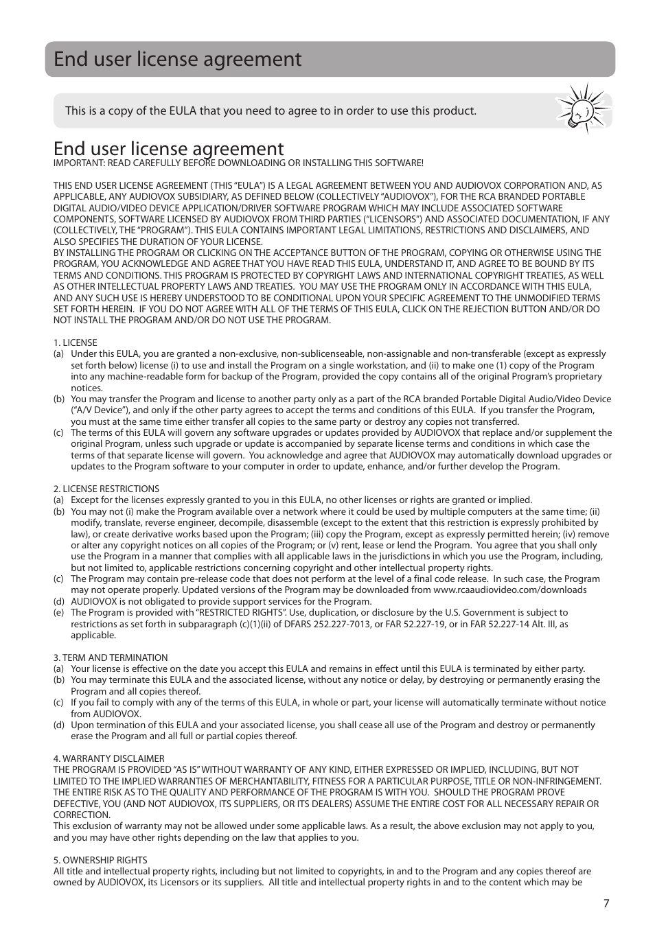 End user license agreement | RCA M4604 User Manual | Page 8 / 36