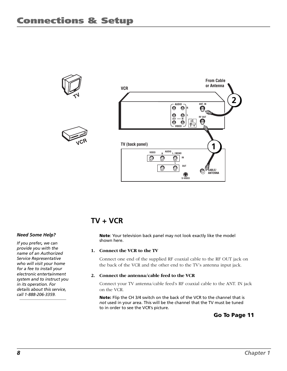 Tv + vcr, Connections, Connecting | Connections & setup, 8chapter 1, Go to page 11, Vcr tv | RCA VR708HF User Manual | Page 10 / 68