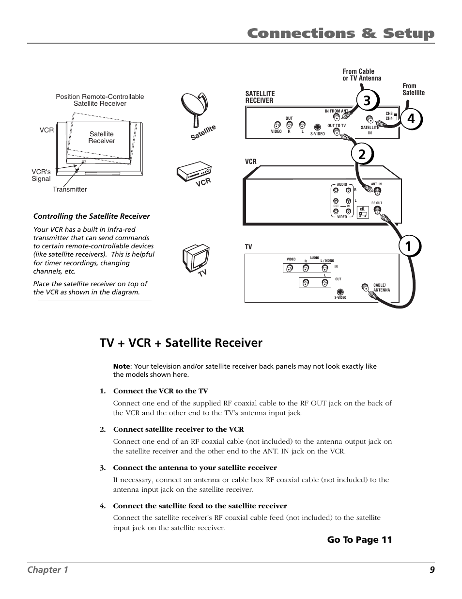 Tv + vcr + satellite receiver, Connections & setup, Chapter 1 9 | Go to page 11 | RCA VR708HF User Manual | Page 11 / 68