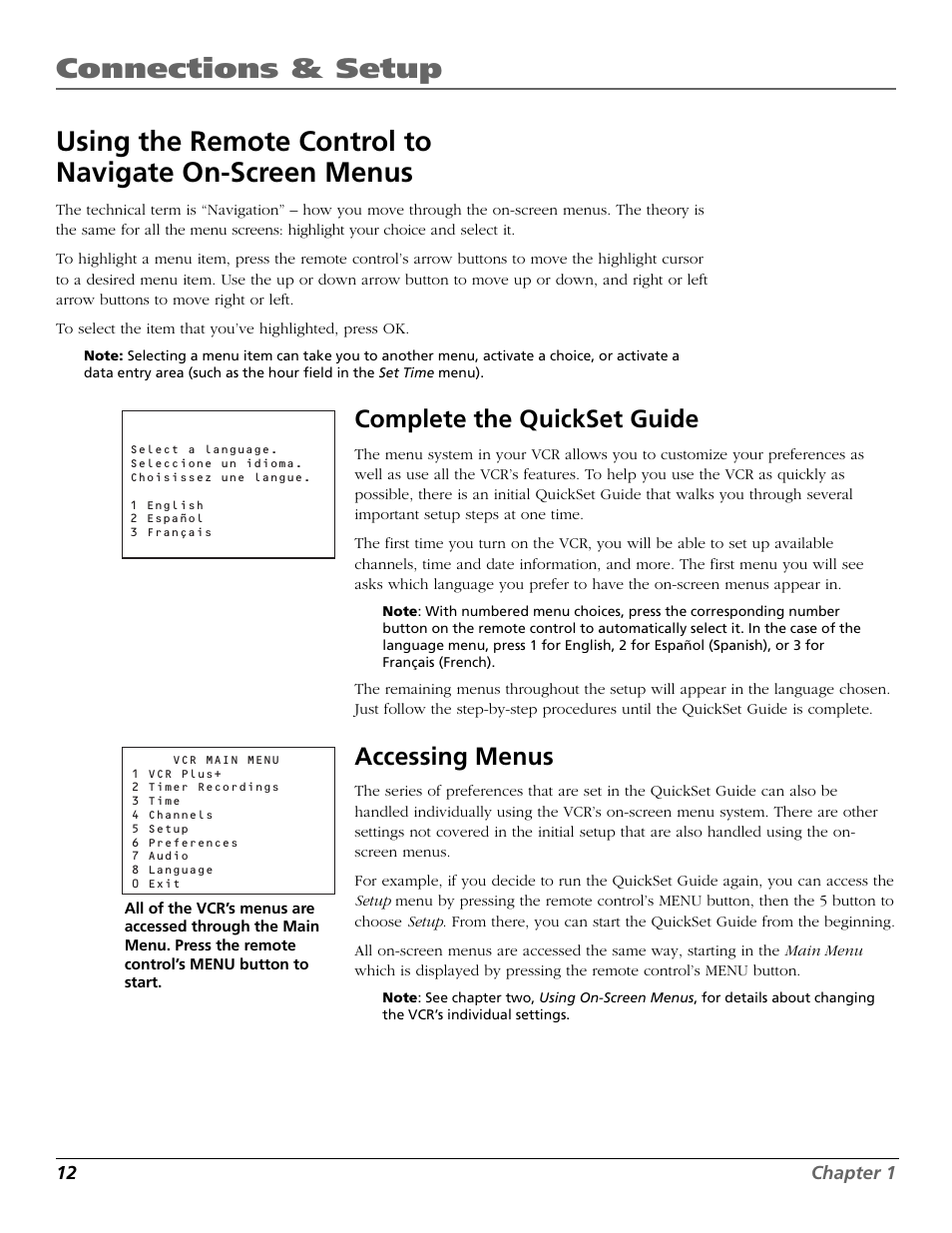Complete the quickset guide, Accessing menus, Complete the quickset guide accessing menus | Vcr basics | RCA VR708HF User Manual | Page 14 / 68